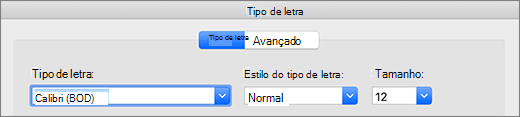 Seleção de tipo de letra na caixa de diálogo