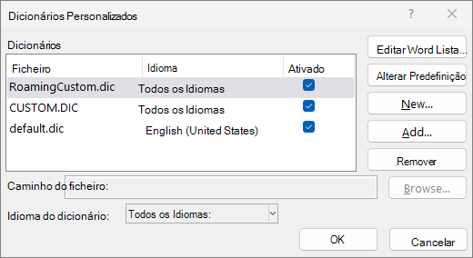Caixa de diálogo Dicionário personalizado