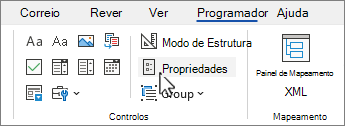 Separador Programador com o botão de propriedades de controlo selecionado
