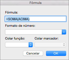 A caixa Fórmula, a mostrar a fórmula utilizada para somar uma coluna