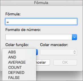 Na caixa Fórmula, selecione a função a partir da lista de funções Colar