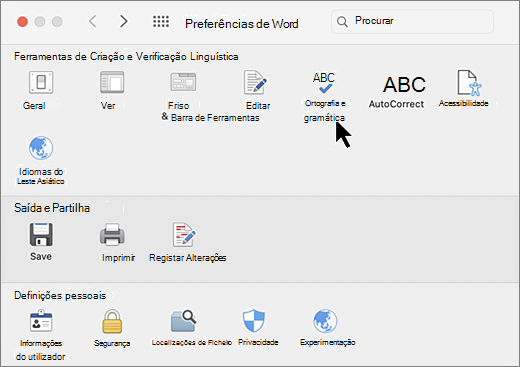 Caixa de diálogo Preferências do Mac com a opção Ortografia selecionada
