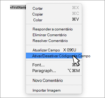 Ativar/desativar códigos de campo no menu de contexto selecionado
