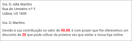 Documento de impressão em série que lê a sua contribuição de 50,00 e lhe oferece um desconto de 20.