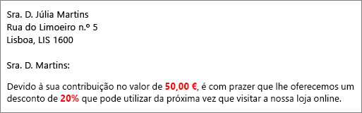 O documento de resultados da impressão em série lê a sua contribuição de 50,00 $ e oferece-lhe um desconto de 20%.