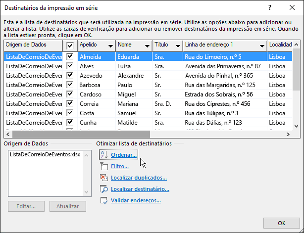 Como parte da Word impressão em série, os resultados de uma espécie de lista de destinatários.
