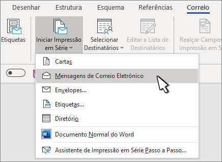Iniciar impressão em série com mensagens de E-mail selecionadas