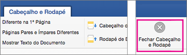 No separador Cabeçalho & Rodapé, Fechar Cabeçalho e Rodapé está realçado