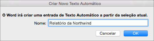 Caixa de diálogo Criar Novo Texto Automático