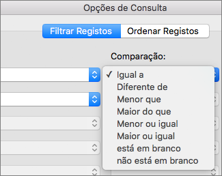 Clique nas opções de Comparação que pretende definir
