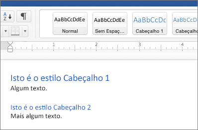 Exemplos dos estilos Cabeçalho 1 e Cabeçalho 2 num documento