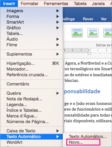O menu Inserir com Texto Automático > Novo está realçado.