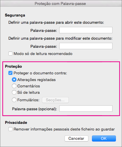 A secção Proteção está realçada