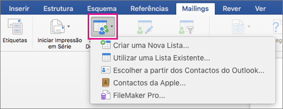 No separador Correio, a opção Selecionar Destinatários está realçada e apresenta uma lista de opções