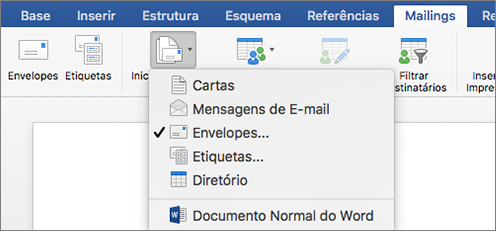 No separador Correio, selecione a opção Envelopes na lista Iniciar Impressão em Série