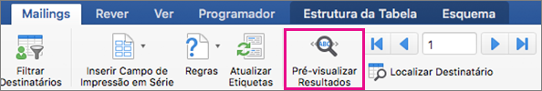 No separador Correio, a opção Pré-visualizar Resultados está realçada