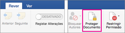 No separador Rever, a opção Proteger Documento está realçada