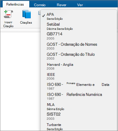 No separador Referências, os estilos de citação estão realçados.
