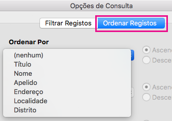 Clique em Ordenar Registos para ordenar itens na impressão em série