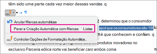A opção para parar a criação automática de listas com marcas está realçada.