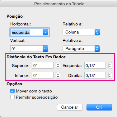 Defina o espaço entre a tabela selecionada e o corpo de texto em Distância do texto em redor.