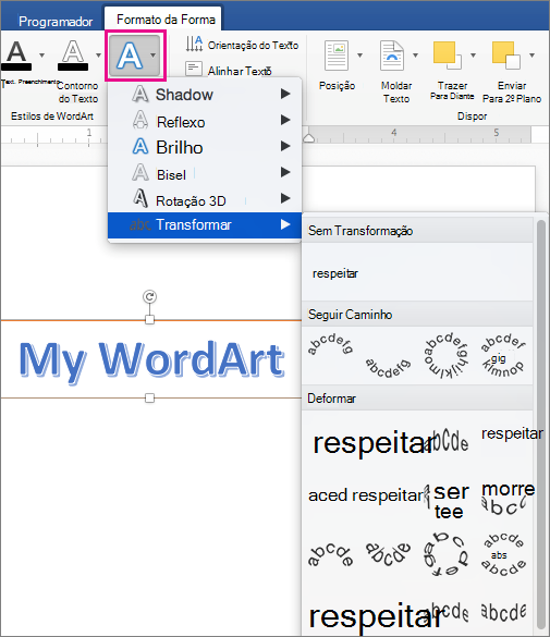 Separador Formato da Forma com a opção Efeitos de Texto realçada.