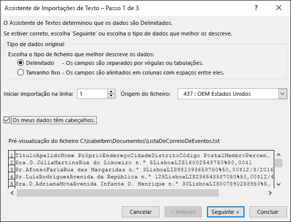 Excel: Obter Dados Externos do Texto, Assistente de Importações de Texto, Passo 1 de 3