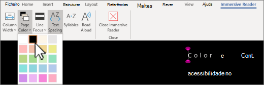 O menu de cores da página Leitura Avançada no Word.