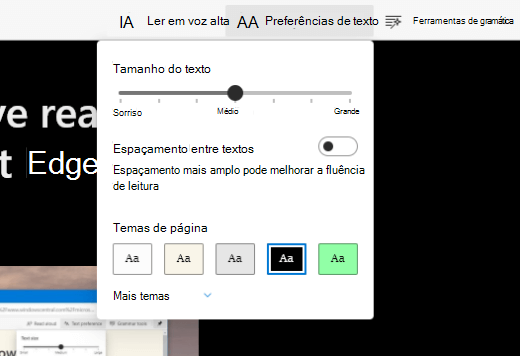 A vista de leitor envolvente ativada no Microsoft Edge a mostrar os menus de vista.