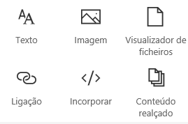 Captura de ecrã do menu da Peça Web no SharePoint.