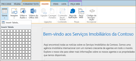 Captura de ecrã a mostrar o friso do SharePoint Online. Selecione o separador Inserir e, em seguida, selecione Inserir Tabela para especificar o número de linhas e colunas de uma nova tabela.