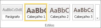 Captura de ecrã do grupo Estilos no friso do SharePoint Online com o estilo Cabeçalho 1 selecionado.