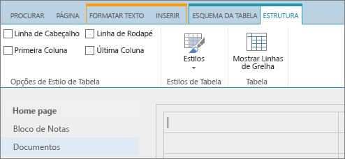 Captura de ecrã do friso do SharePoint Online. Utilize o separador Estrutura para selecionar caixas de verificação para a linha de cabeçalho, linha de rodapé, primeira coluna e última coluna numa tabela e ainda selecionar estilos de tabela e indicar se a tabela utiliza linhas de grelha.