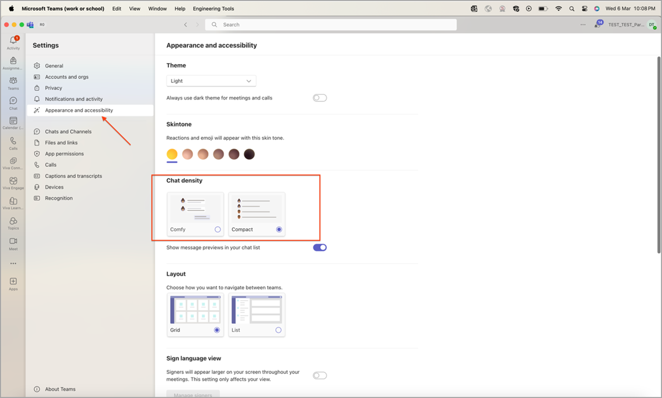 Página de definições do Microsoft Teams com destaques no separador Aspeto e acessibilidade e na secção densidade de chat.