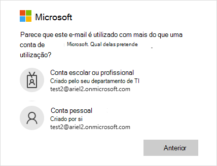Ecrã de início de sessão com dois endereços de e-mail