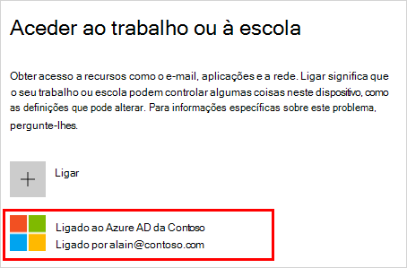 Captura de ecrã que mostra a janela Do Access escolar ou profissional com a conta de Azure AD Ligada a (a sua organização) selecionada