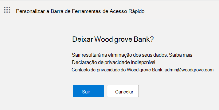 Captura de ecrã a mostrar o botão Sair e Cancelar no fluxo de saída.