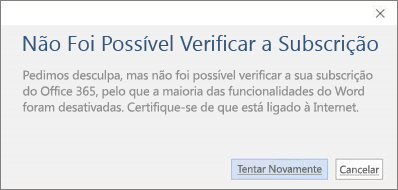 Captura de ecrã a mostrar a mensagem de erro Não Foi Possível Verificar a Subscrição