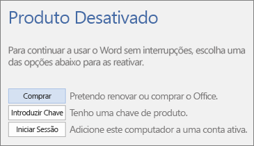 Captura de ecrã a mostrar a mensagem de erro Produto Desativado