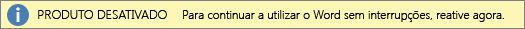 Captura de ecrã a mostrar a barra de aviso Produto Desativado