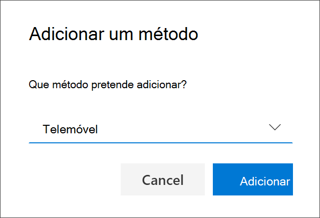Caixa Adicionar método, com Telefone selecionado