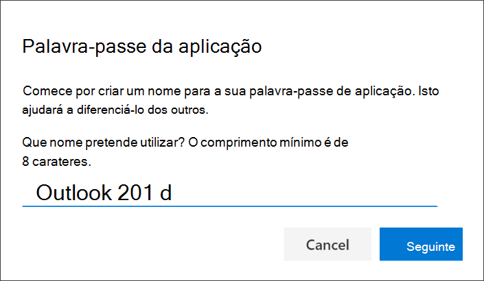 Captura de ecrã a mostrar a página Palavra-passe da aplicação, com o nome da aplicação introduzido