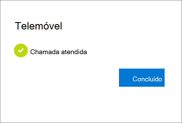 Notificação de êxito, ligação do número de telefone, escolha para receber chamadas telefónicas e a sua conta