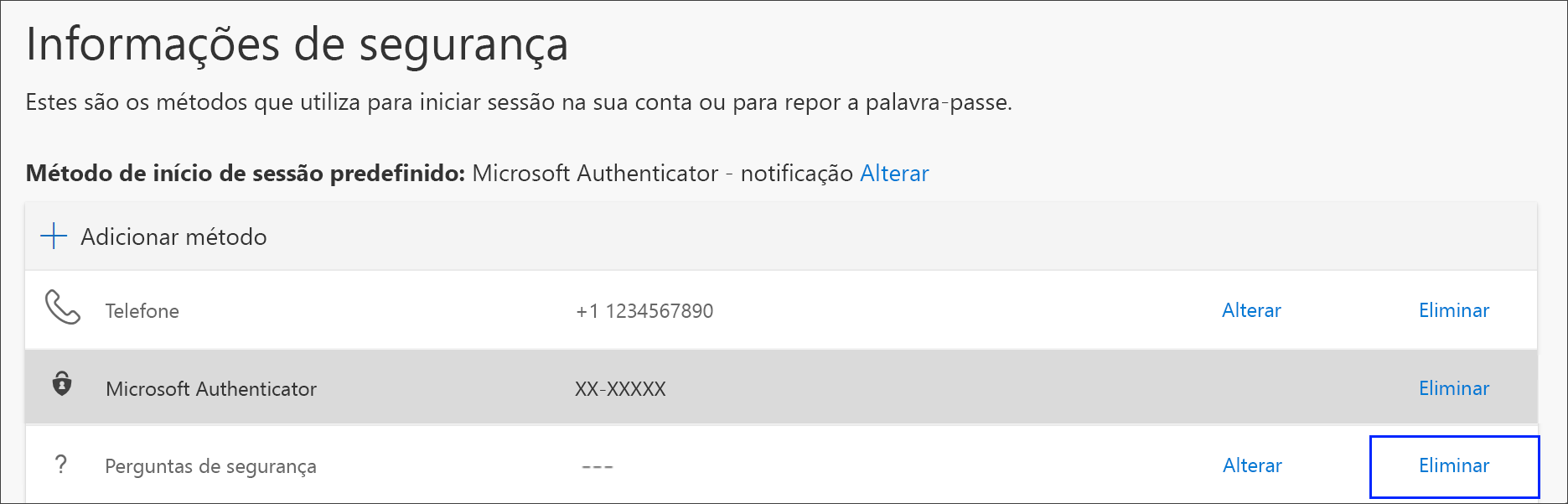 Ligação para eliminar o método do telemóvel das informações de segurança