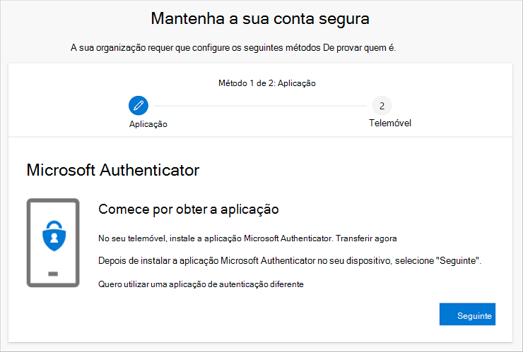 Assistente para manter a sua conta segura, a mostrar a página de transferência da aplicação Authenticator