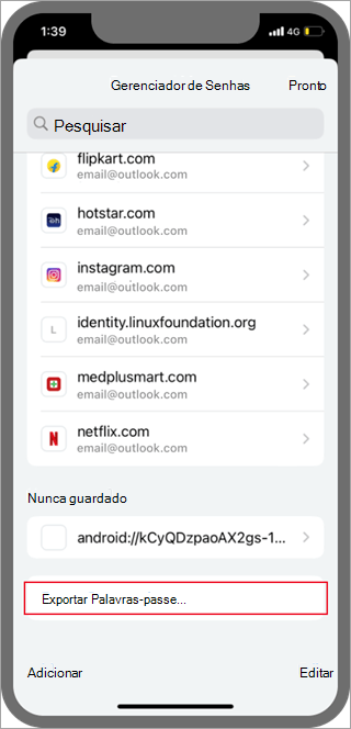 Localização das palavras-passe de exportação do Android Chrome
