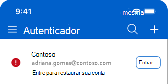 Captura de ecrã do Microsoft Authenticator a mostrar o início de sessão da mensagem para restaurar a sua conta