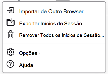 O menu palavras-passe no Firefox a mostrar a opção Exportar Inícios de Sessão disponíveis.