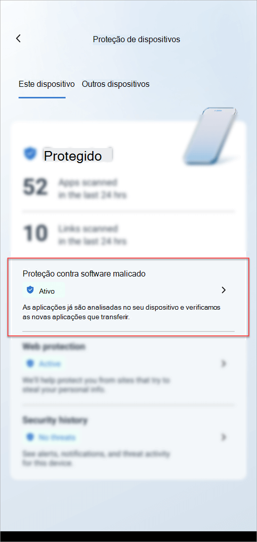 O cartão de proteção do Dispositivo no Microsoft Defender no Android a mostrar a secção Proteção contra Software Maligno realçada.