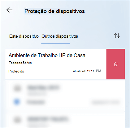 Em dispositivos móveis, percorra para a esquerda num dispositivo e, em seguida, selecione o ícone Remover dispositivo no lado direito do cartão do dispositivo.